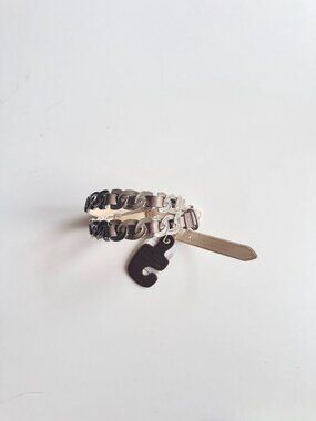 NWT PUNTO FIBBIA Taupe Leather Enamel Silver Tone Chain Skinny Belt